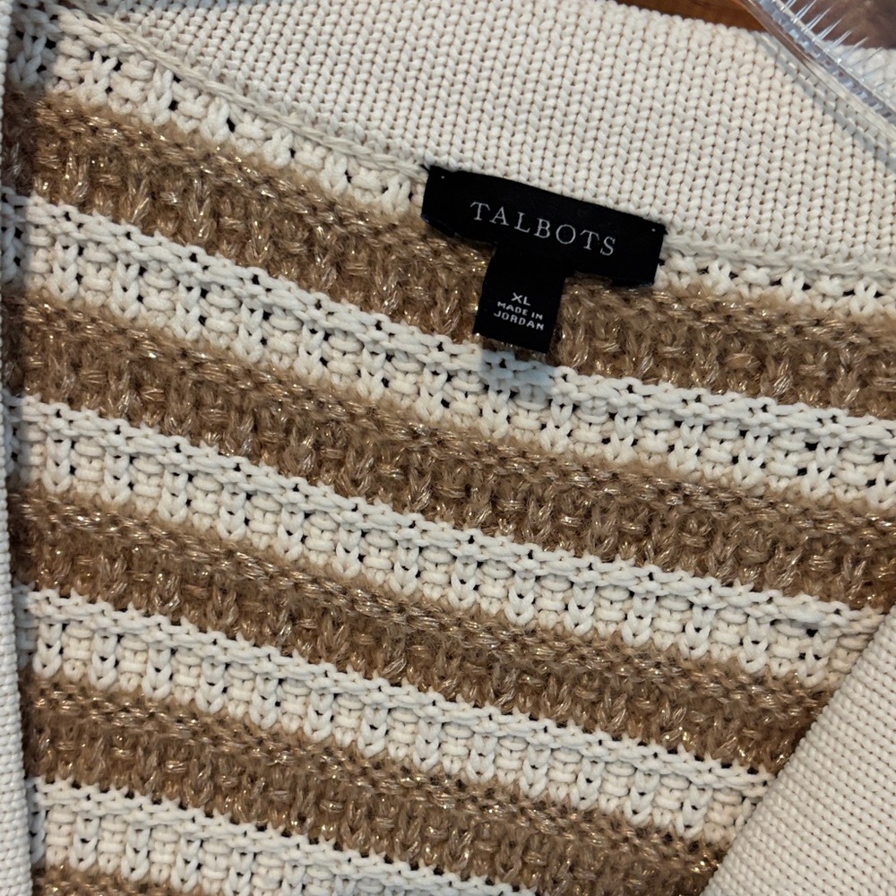 Talbots Cream and Tan Striped V-Neck Cardigan - Picture 2 of 4